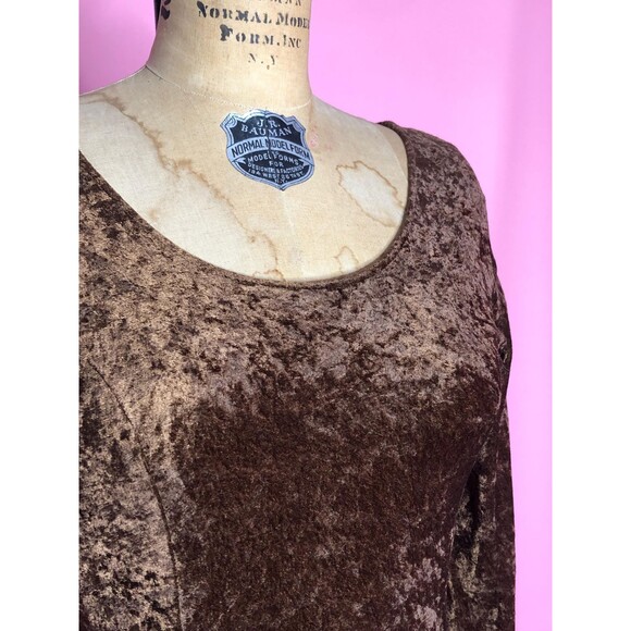 1990s CRUSHED VELVET Long Sleeve Dark Brown TIMING Maxi Dress. Small-Medium - Picture 8 of 9